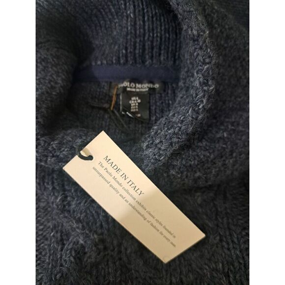 Paolo Mondo Mens Large 100% ITALIAN WOOL blue Shawl Collar Cable Knit Sweater - Picture 3 of 5